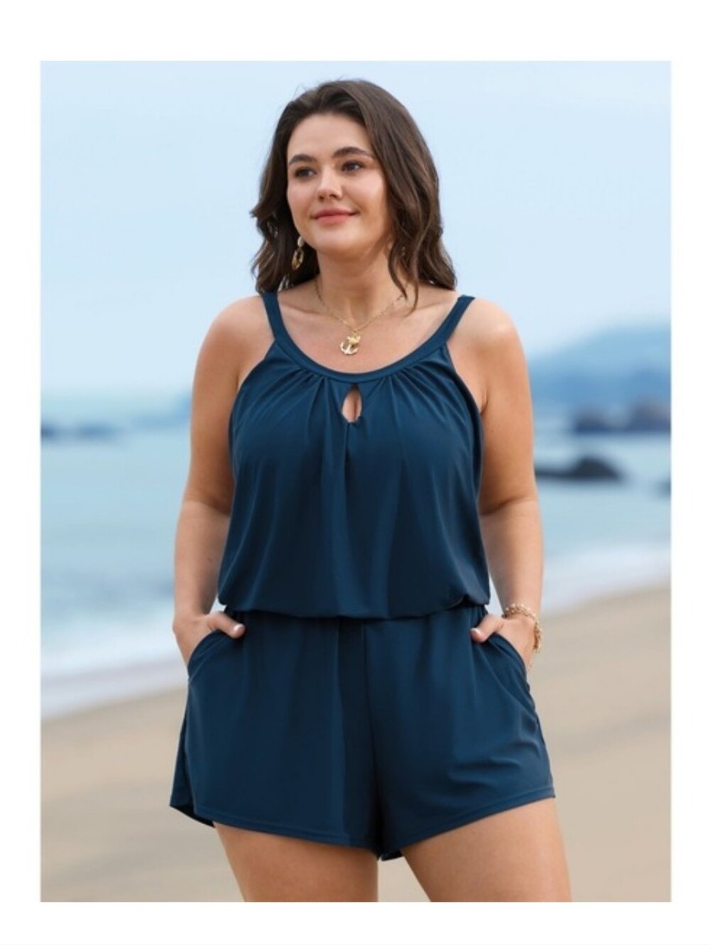 NEW Bloomchic Blue 12 Romper Keyhole Gathered Pockets One-Piece Swimsuit